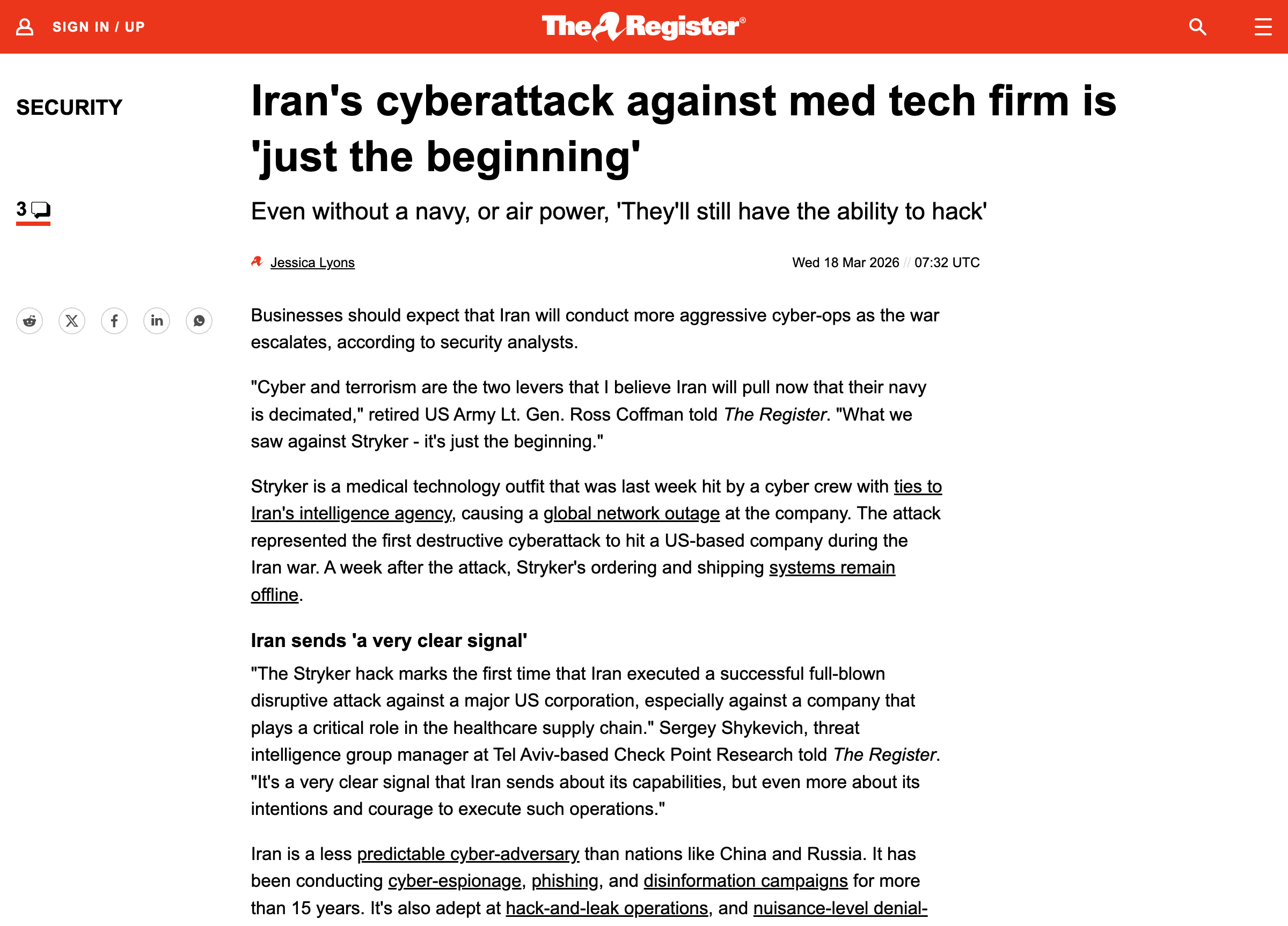 이란 해킹 조직, 미국 의료기기 기업 스트라이커 전 세계 네트워크 마비시켜